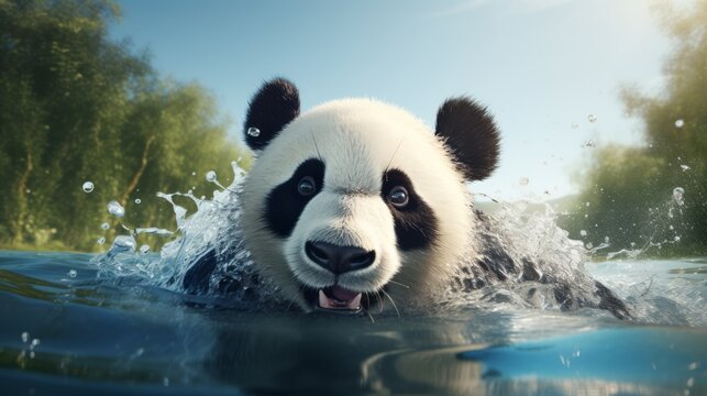 Panda is swimming. Beautiful illustration picture. Generative AI
