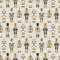 Seamless Christmas Pattern with Nutcrackers in Vector in beige.