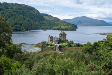 Overhead view of castle in Scotland with people