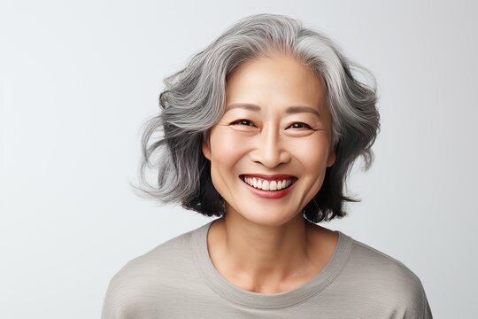 Close-up portrait of a stylish beautiful Asian woman in her 50s. Skin care concept. Luxurious middle-aged woman with a short gray hairdo looking at camera.