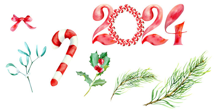New year abd christmas set. Watercolor 2024 cartoon text, red ribbon, candy cane, traditional holly, mistletoe, and pine tree brench illustration for winter home decor
