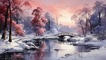 medieval bridge over the river. Winter. Evening. Watercolor.