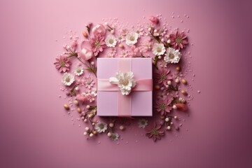 A gift box with flowers isolated on a pink background. Minimalistic greeting card for birthday, wedding, Mother's or Valentine Day. Holiday banner. Flat lay, top view with copy space