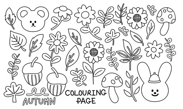 Black outlines of autumn elements with teddy bear, bunny, flowers, leaves, nature, garden, mushroom, walnut for colouring book, sticker, zoo, animal, floral print, tattoo, nature, garden, kid clothes