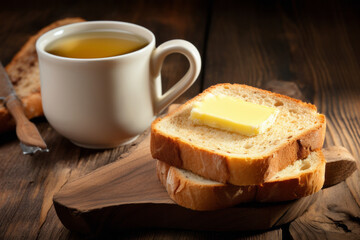 Background with tea and slices of bread and pieces of butter on it, close-up view.generative ai
