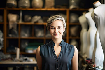 Obraz premium Portrait of a happy smiling female tailor, business owner in her workshop