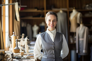 Portrait of a happy smiling female tailor, business owner in her workshop