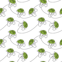 Green broccoli vegetable seamless pattern vector. Line continuous hand drawn illustration. Outline backdrop, cooking background, food wallpaper, kitchen print, poster, package design, card, banner.