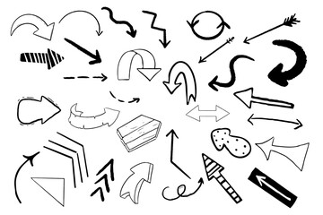 Set arrow pointer ink lines, textured shapes hand drawn decorative elements in doodle style isolated. Sketch direction icons.