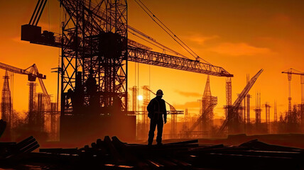 silhouette of construction worker working at Construction site and tower crane at the sunset.generative ai