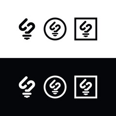 vector, set, Smart bulb logo, bulb logo, S, SH smart logo, Smart home, idea logo, circles, squares, frames, black and white