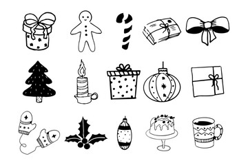 Christmas set elements icons gingerbread man, presents, winter decorations, bauble and candle in doodle style isolated on white background.