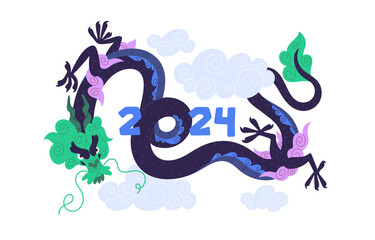 Symbol of 2024 new year concept. Asian zodiac dragon fly, traditional oriental animal, Chinese culture, reptile from ancient legend, mystic beast. Flat isolated vector illustration on white background