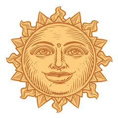 Fototapeta premium Yellow sun with smiling face and rays. Sunny day, sunrise, morning symbol. Vector illustration