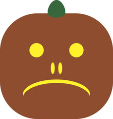 Stylized pumpkin with sad grimace for Halloween. Carved face on ripe gourd. Cartoon sad mask. Pumpkin Halloween mug. Squash silhouette. Autumn vacation. October natural symbol.