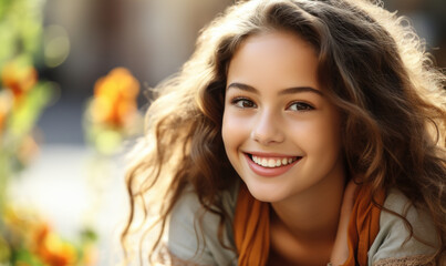 Fototapeta premium Girl with Perfect Smile and White Teeth, Dental Care Concept