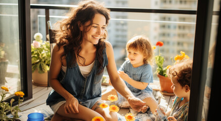 Young Mother Spends Quality Time with Children on Balcony at Home: A Staycation Concept