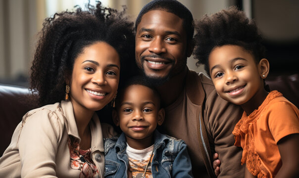 Family Love: Portrait of a Black Family with Children on the Couch - Powered by Adobe