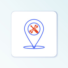 Line Location with crossed screwdriver and wrench tools icon isolated on white background. Pointer settings symbol. Colorful outline concept. Vector