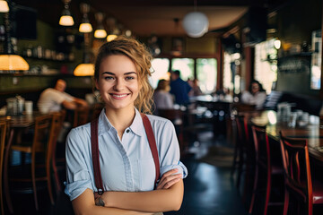 Portrait of a happy and smiling female waiter, or small business owner in the coffee shop.