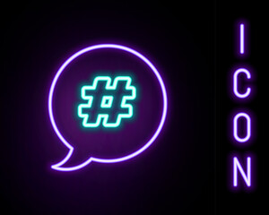 Glowing neon line Hashtag speech bubble icon isolated on black background. Concept of number sign, social media marketing, micro blogging. Colorful outline concept. Vector