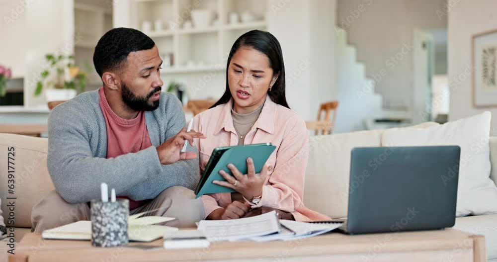 Sticker Couple, tablet and planning on sofa for home finance, budget and online taxes or asset management. People problem solving on digital technology, support or talking of bills, loan and debt or mortgage