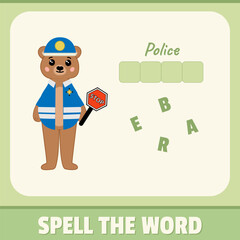 Spell the word, playing card for kids. Educational, alphabet game material for children. Police bear illustration, vector design. Funny concept with green background colors.