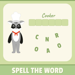 Educational alphabet game material for children. Spell the word, playing card for kids. Cooker racoon illustration, vector design. Funny concept with green background colors.