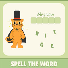 Spell the word, playing card for kids. Educational, alphabet game material for children. Tiger illustration, vector design. Funny concept with green background colors. 
