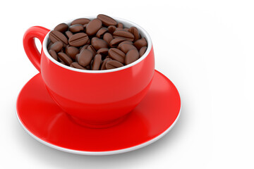Ceramic coffee cup with coffee beans for americano, espresso, latte on white