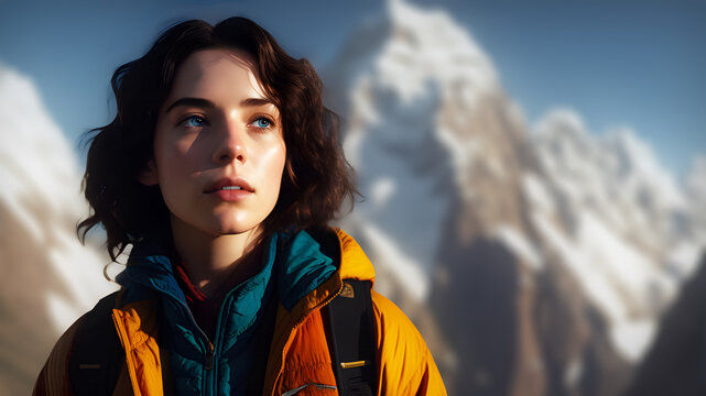 Portrait of a young dark-haired woman hiking high in the mountains. 