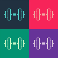 Pop art Dumbbell icon isolated on color background. Muscle lifting, fitness barbell, sports equipment. Vector