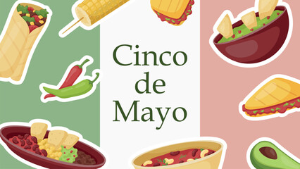 National Spanish holiday Cinco de Mayo. Traditional mexican food, burritos, quesadillas and nachos, spicy sauces with beef and vegetables. Vector cartoon banner.