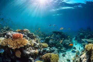 Naklejka na ściany i meble Colorful tropical fish in coastal waters. Life in a coral reef.