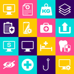 Set Computer monitor and gear, Dental protection, Upload, Weight, Setting smartphone and Clipboard with medical insurance icon. Vector