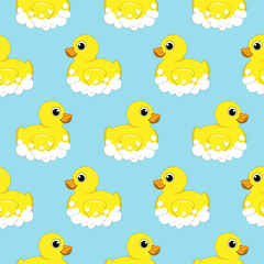 Obraz premium Seamless vector pattern with a rubber duck on a blue background. Illustration with children's bathroom toys
