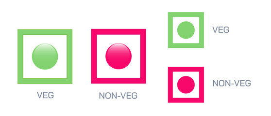 Vegetarian symbols and non vegetarian symbol. The green dot indentifies lacto vegetarian food, and the redish brown triangle symbol identifies non vegetarian food. New transformed symbol