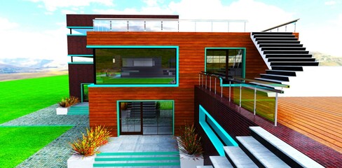 New family house house constructed in the mountains. Concrete stairs, big windows and wooden terraces on the flat roof. 3d rendering.