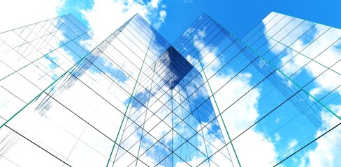 The glass facade of the skyscrapers almost invisible against the cloudy sky. 3d rendering.