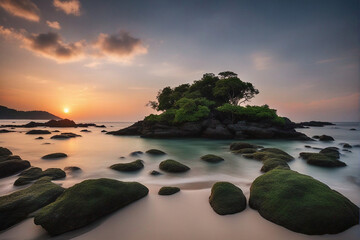 Fototapeta na wymiar sandy beach with rocks at the side of the island