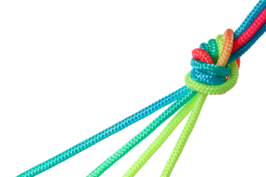 PNG,multi-colored braided cords diverge to the sides from a large knot in the center. The concept of creative cooperation and exchange., isolated on white background