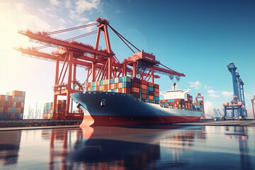Fototapeta premium Beautiful container ship in port for loading or unloading. generative ai 