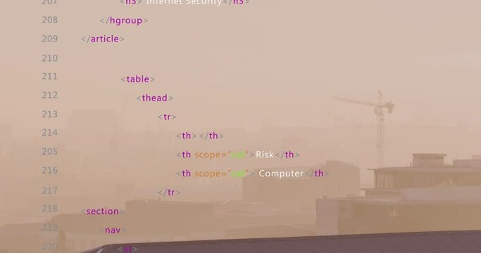 Animation of multicolored computer language over fog covered modern city against sky