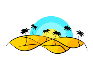 Fototapeta na wymiar Tropical landscape with palm trees and sun isolated on white background. Desert landscape in the style of line art with palm trees, sand dunes and the rising sun. Vector illustration