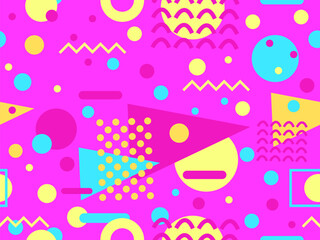Geometric seamless pattern with memphis elements in 80s style. Colorful geometric pattern. Design of promotional products, wrapping paper and printing. Vector illustration
