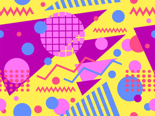 80s seamless pattern with geometric shapes in memphis style. Circles and triangles. Colorful abstract background for printing on promotional items, banners and wrapping paper. Vector illustration