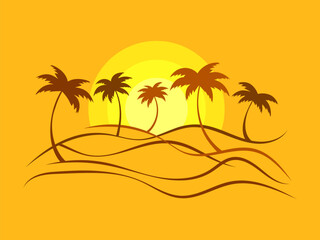 Obraz na płótnie Canvas Line landscape outline with palm trees and rising sun on a orange background. Summer tropical landscape in a minimalist style. Design for printing t-shirt and banner. Vector illustration