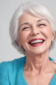 Elegant 50s Senior Woman: Joyful Grey-Haired Model Laughing & Smiling. Close-Up Portrait of Radiant Mature Lady. Beauty, Skincare, and Dental Concepts. High-Quality Stock Photo