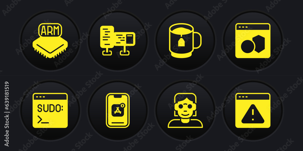 Sticker Set Code terminal, Software, Mobile Apps, Hacker or coder, Cup tea with tea bag, Computer monitor screen, Browser exclamation mark and Processor icon. Vector