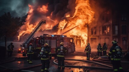Firefighters extinguishing a building on fire